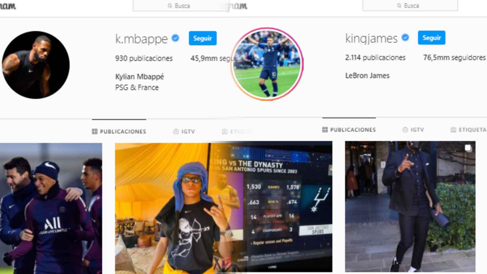 Las cuentas de Instagram de LeBron James y Kylian Mbappé