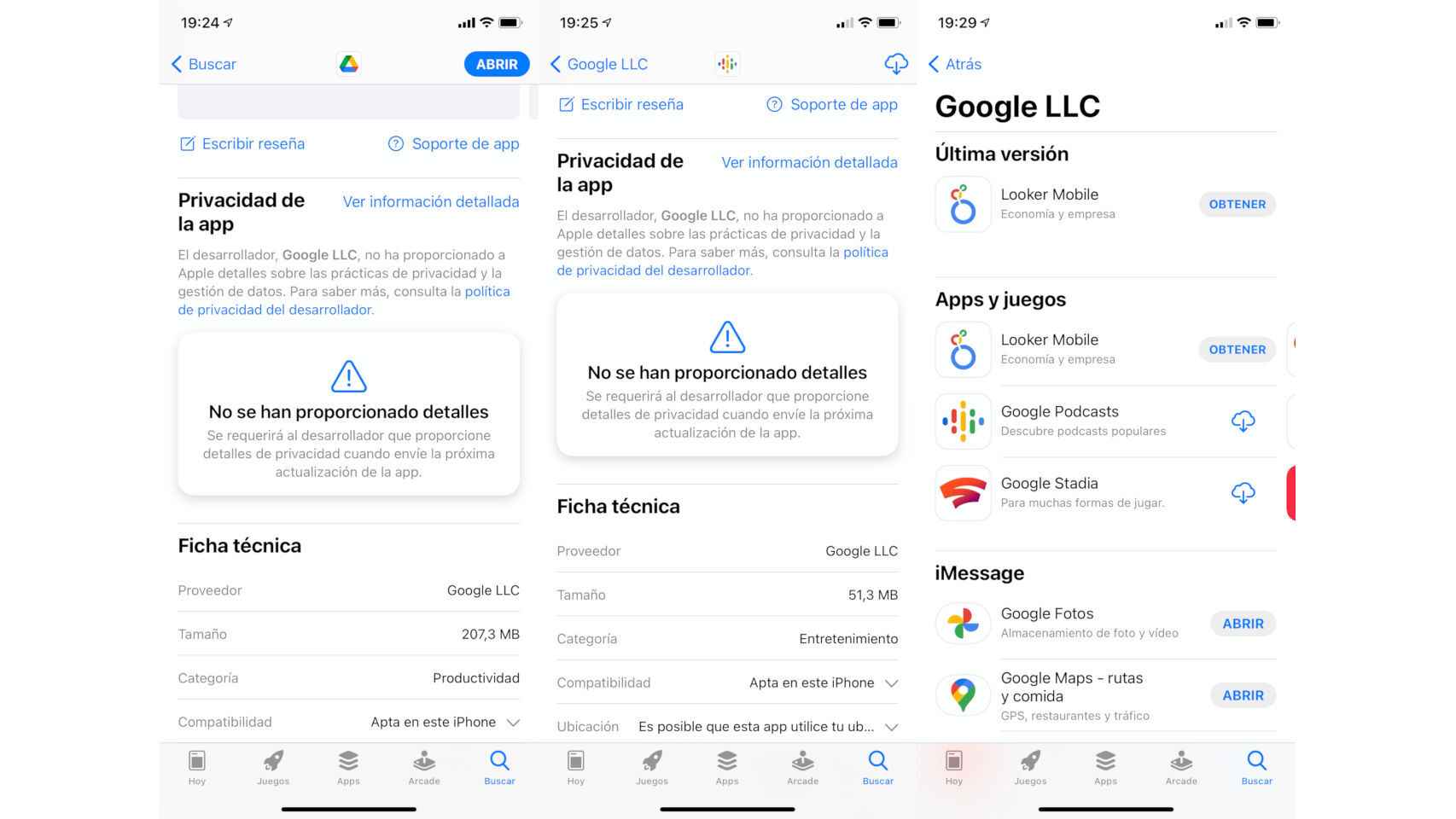 Las apps de Google aún no muestran información de privacidad