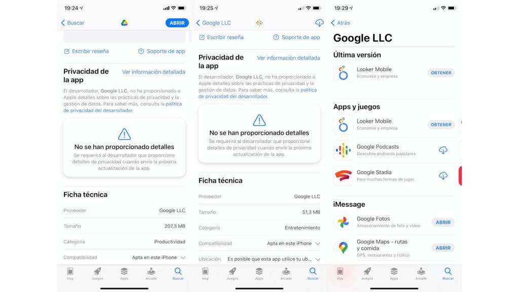 Las apps de Google aún no muestran información de privacidad