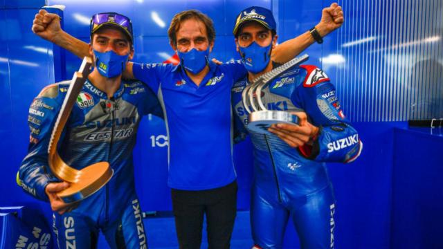 Davide Brivio, junto a Joan Mir y Alex Rins en Suzuki