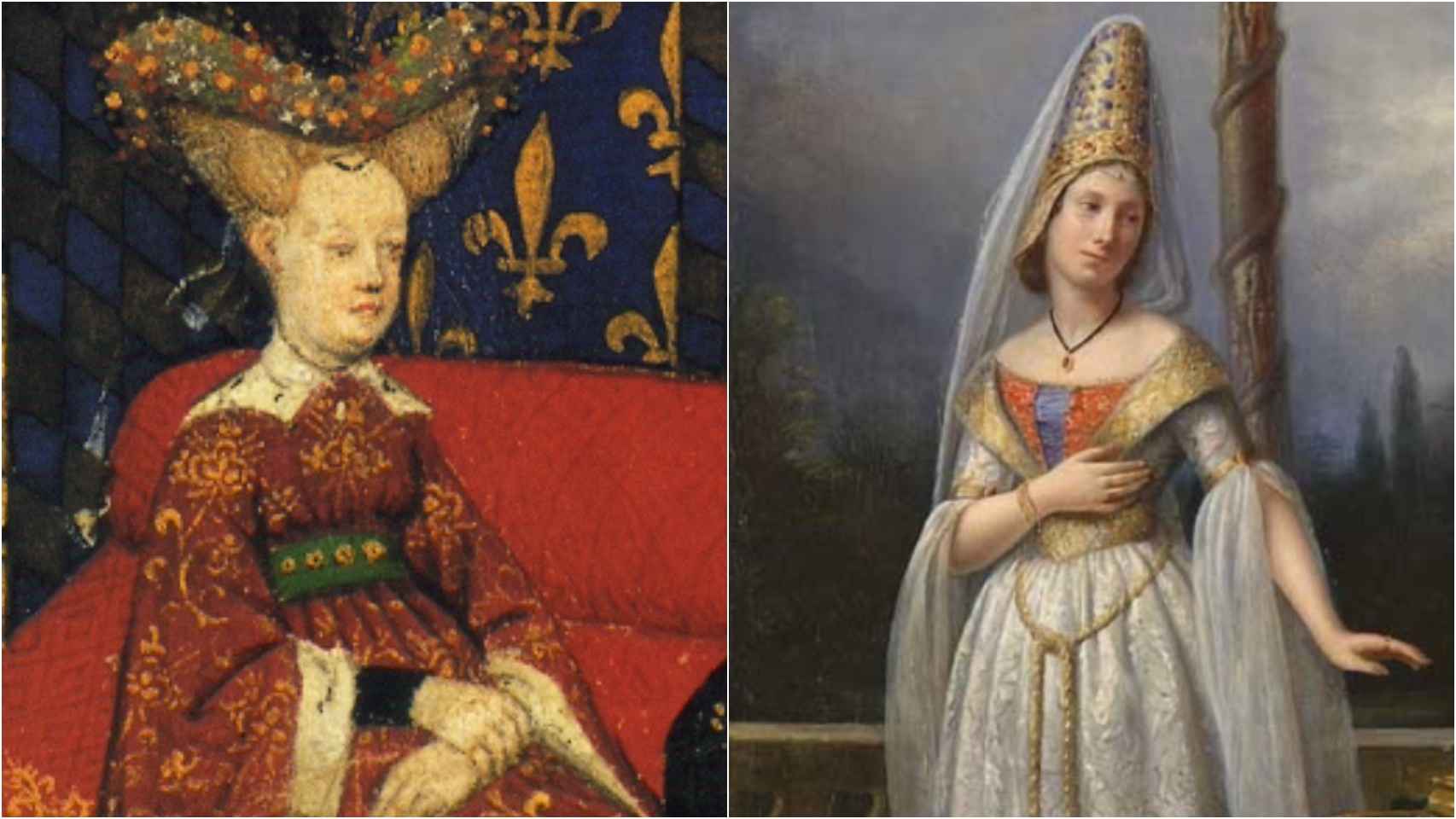 Isabel de Baviera, esposa de Carlos VI, y Odette de Champdivers, amante de Carlos VI.