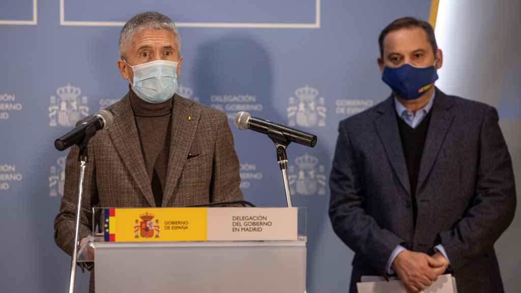 Fernando Grande-Marlaska junto a José Luis Ábalos, en la rueda de prensa para  para actualizar datos sobre los efectos de la borrasca Filomena.