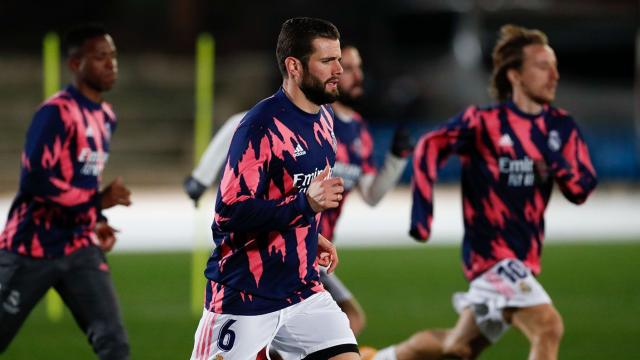 Nacho Fernández, en carrera durante el entrenamiento del Real Madrid en La Rosaleda