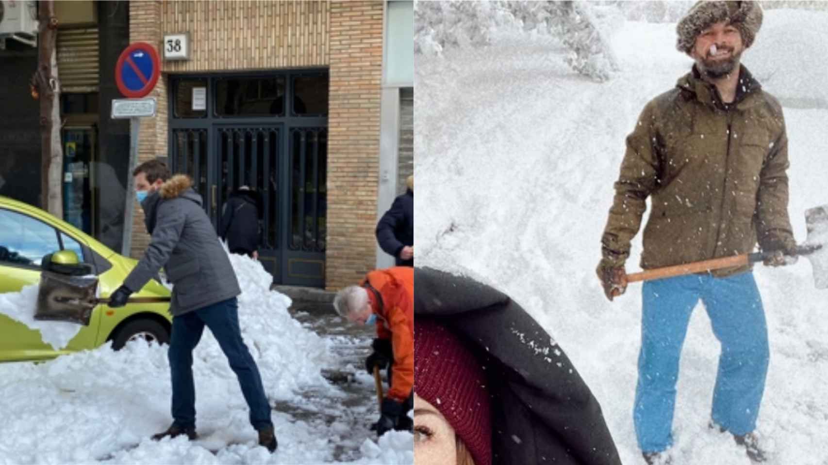 A la izquierda, Pablo Casado retirando nieve con una pala. A la derecha, Santiago Abascal en una imagen de Instagram.