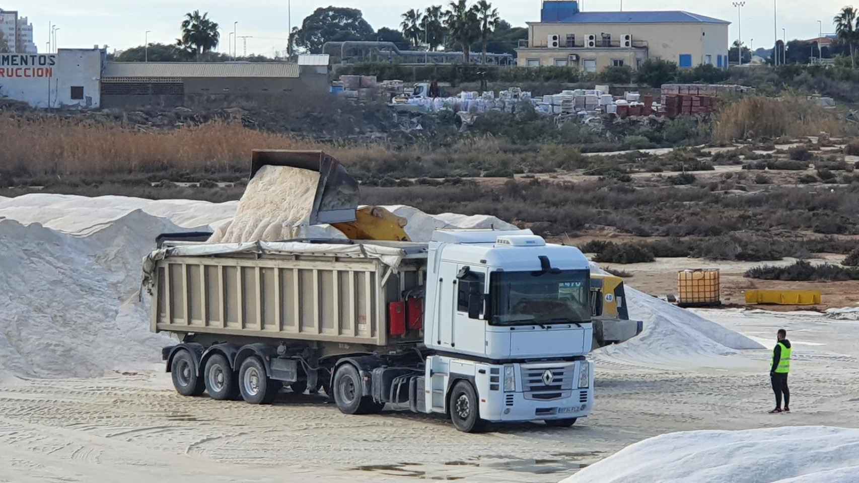 Un operario supervisando cómo las 'bañeras' de dos camiones llegados de la capital de España son cargados con sal marina de Torrevieja.