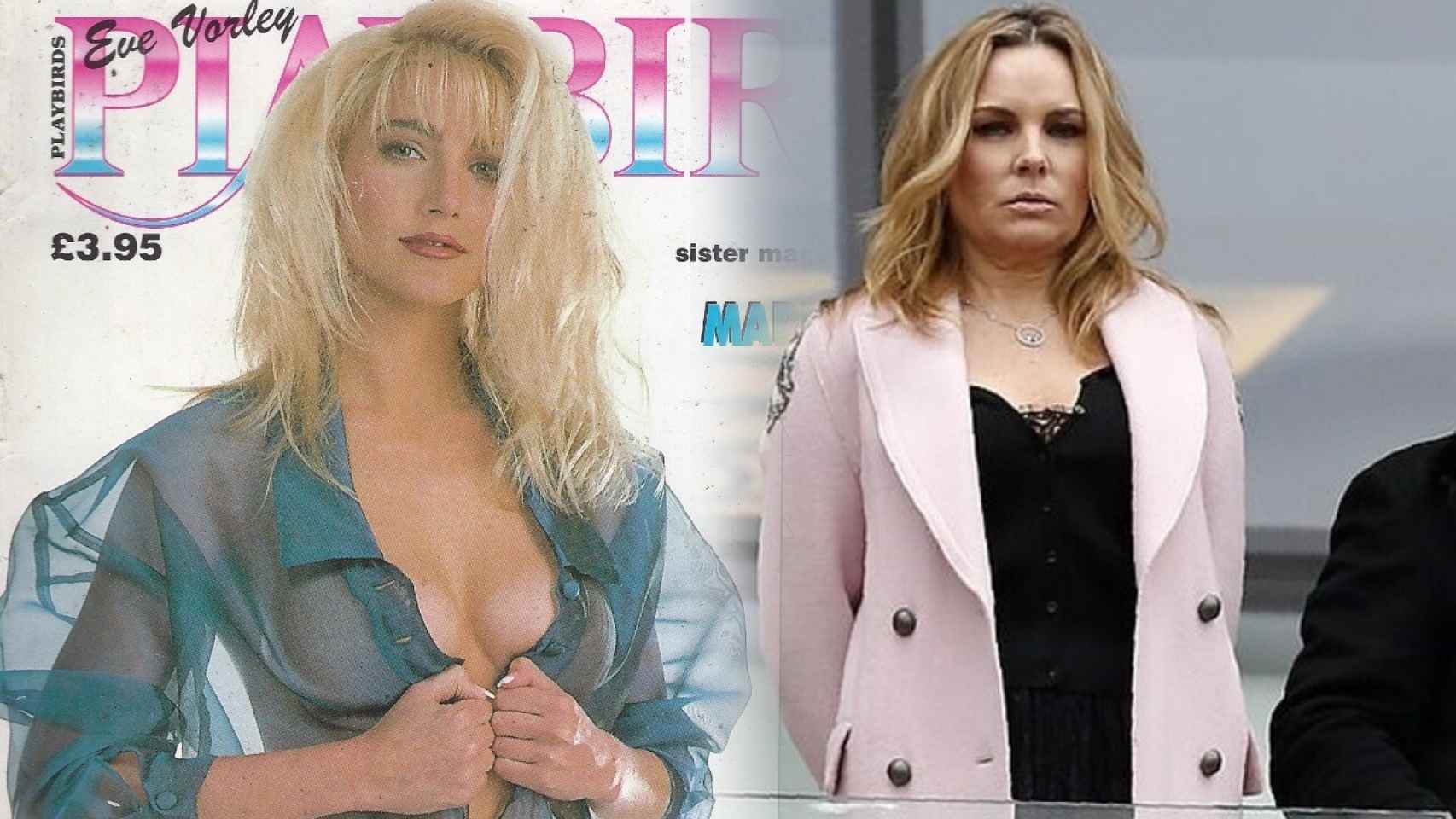 Emma Benton-Hughes, conocida en el mundo del porno como Eve Vorley, posando en una revista y durante un partido del West Hamen un fotomontaje