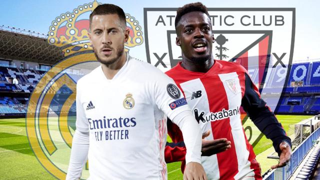 Eden Hazard y Iñaki Williams, en un fotomontaje con La Rosaleda