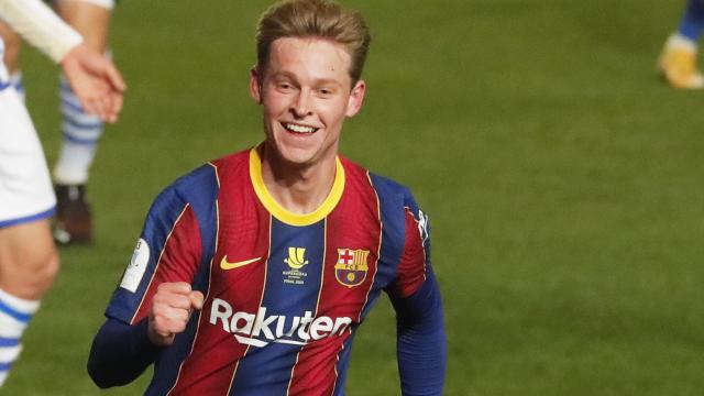 Frenkie de Jong celebra su gol con el Barcelona en la semifinal de la Supercopa de España