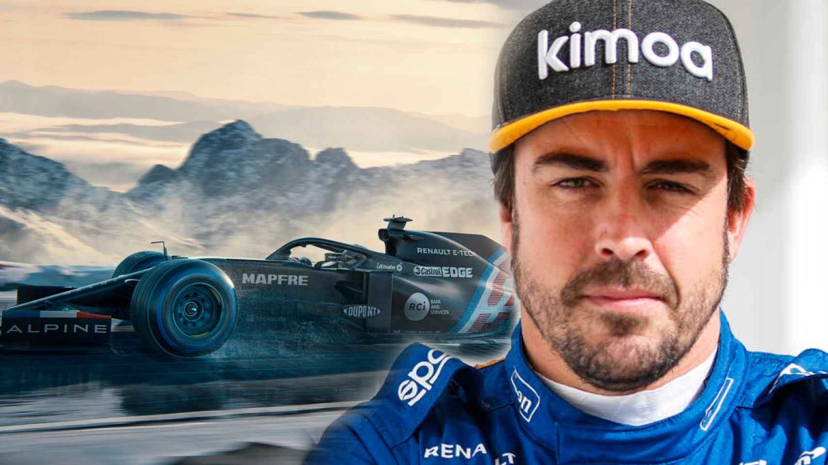 Fernando Alonso y el A521, el coche que llevará en Alpine F1 Team, en un fotomontaje