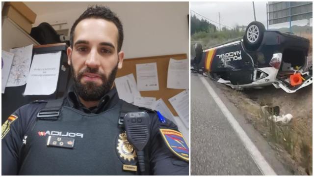 El policía Fran y su coche volcado en Algeciras.