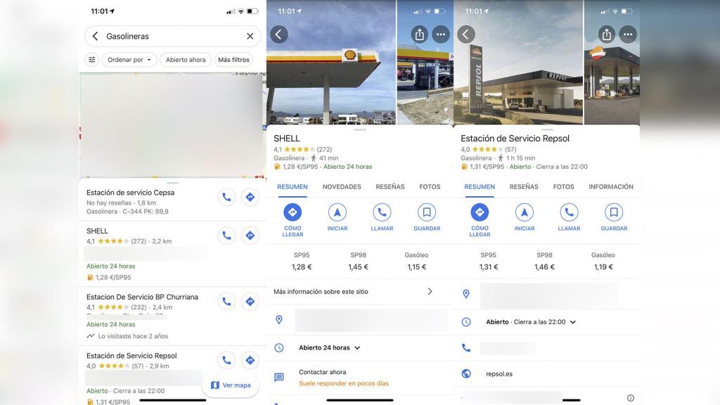 Gasolineras en Google Maps.