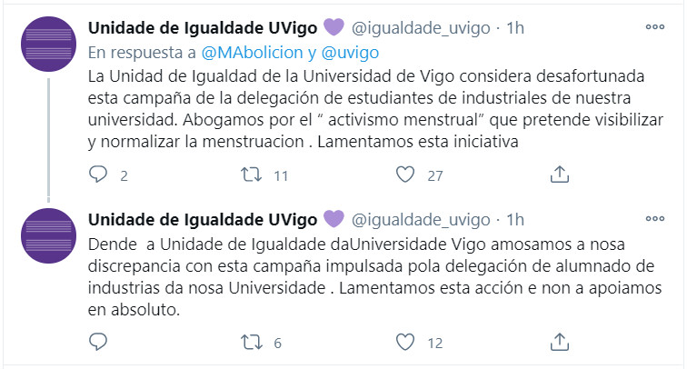Mensajes de la Unidade de Igualdade de la UVigo sobre la polémica.