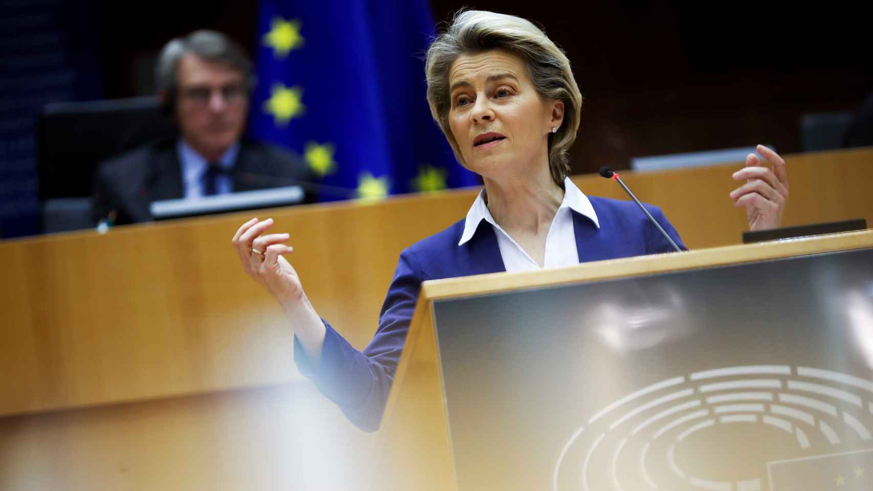 La presidenta de la Comisión, Ursula von der Leyen, durante una comparecencia en la Eurocámara