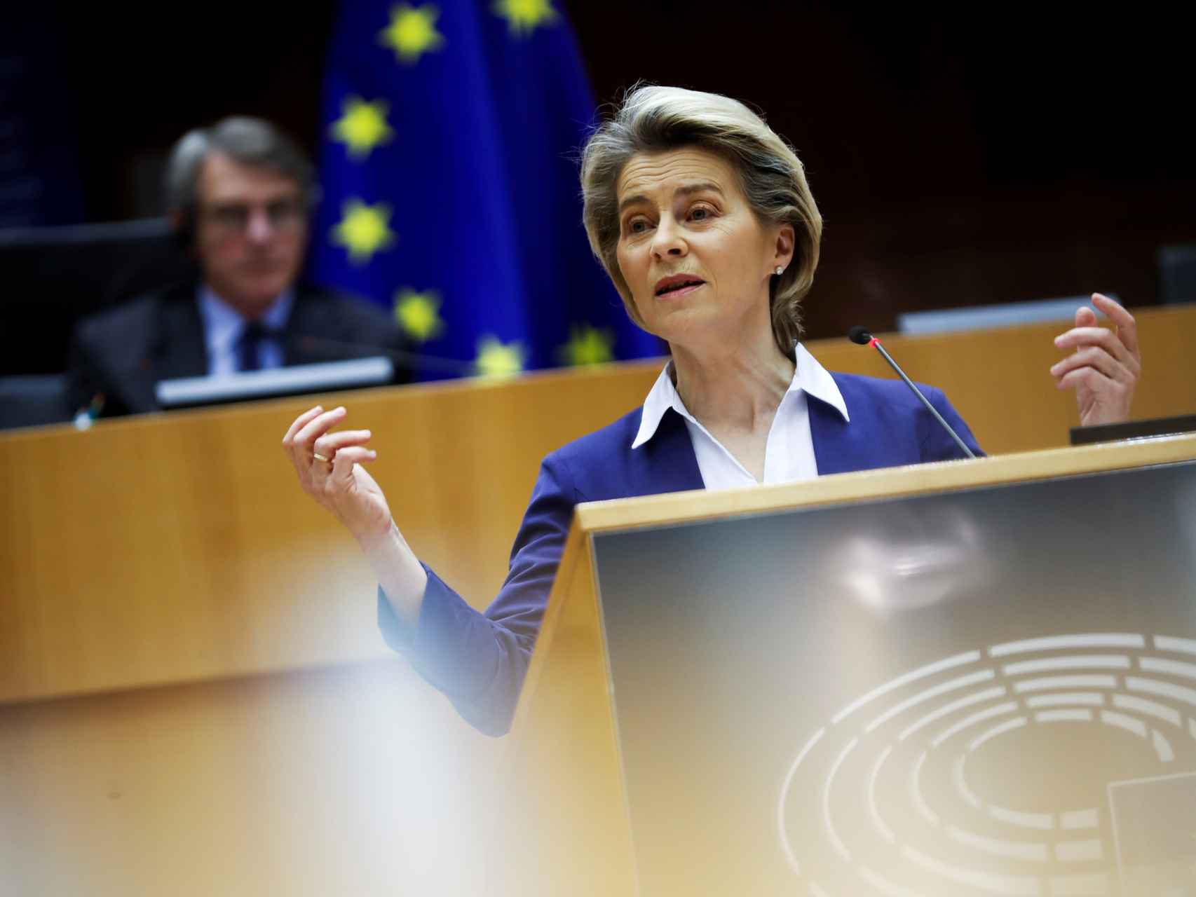 La presidenta de la Comisión, Ursula von der Leyen, durante una comparecencia en la Eurocámara