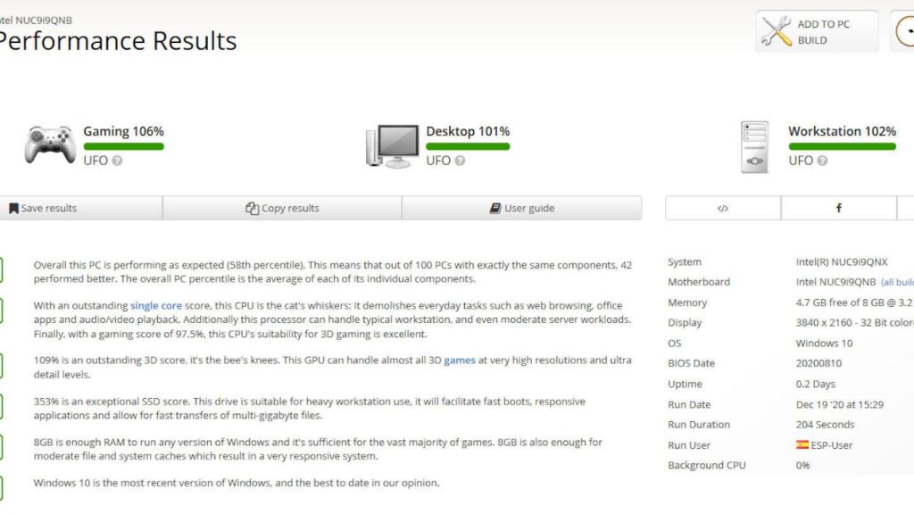 Prueba de UserBenchmark en el Intel NUC 9