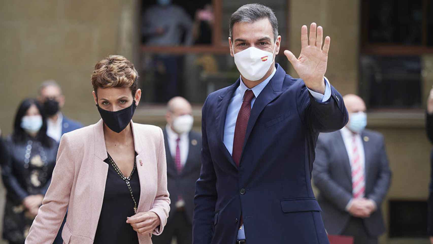 Pedro Sánchez y María Chivite, en la visita del presidente a Pamplona para promocionar el plan de reconstrucción.