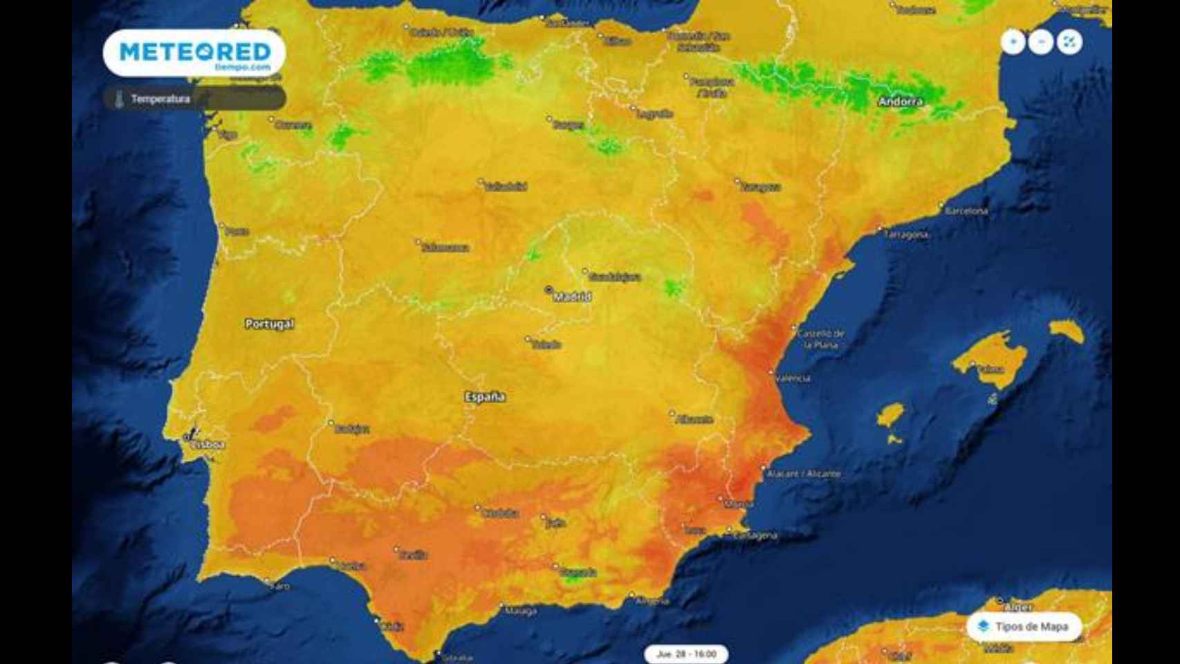 Mapa de calor de la Península Ibérica durante el episodio de altas temperaturas. Meteored.