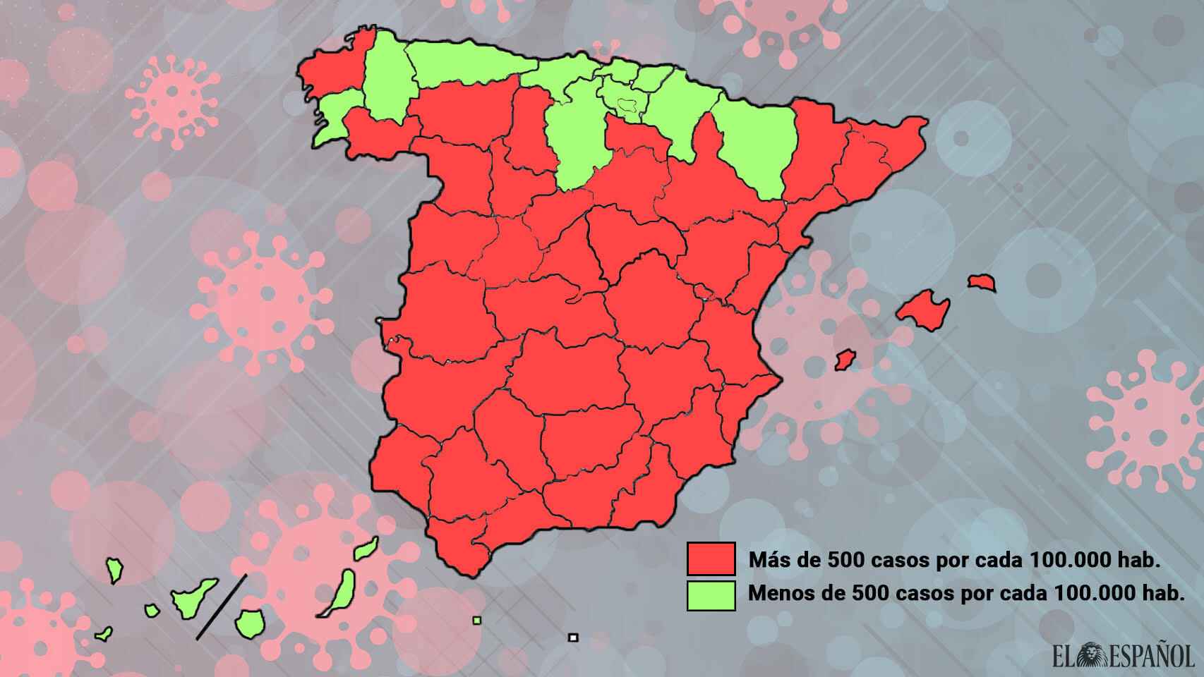 Mapa de las provincias de España según su incidencia acumulada.