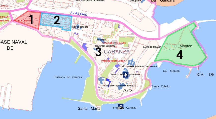 Barrio de Caranza y sus divisiones: Telleiras (1), Viviendas de Bazán (2), Polígono de Caranza (3) y O Montón (4). Fuente: Concello de Ferrol y elaboración propia.