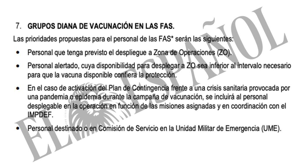 Una parte del documento oficial en el que se afirma que el personal desplegado es grupo prioritario de vacunación
