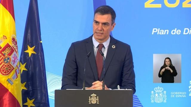 El presidente del Gobierno, Pedro Sánchez, durante la presentación de los planes de digitalización de Pymes, Administraciones públicas y Competencias Nacionales, ayer en La Moncloa.