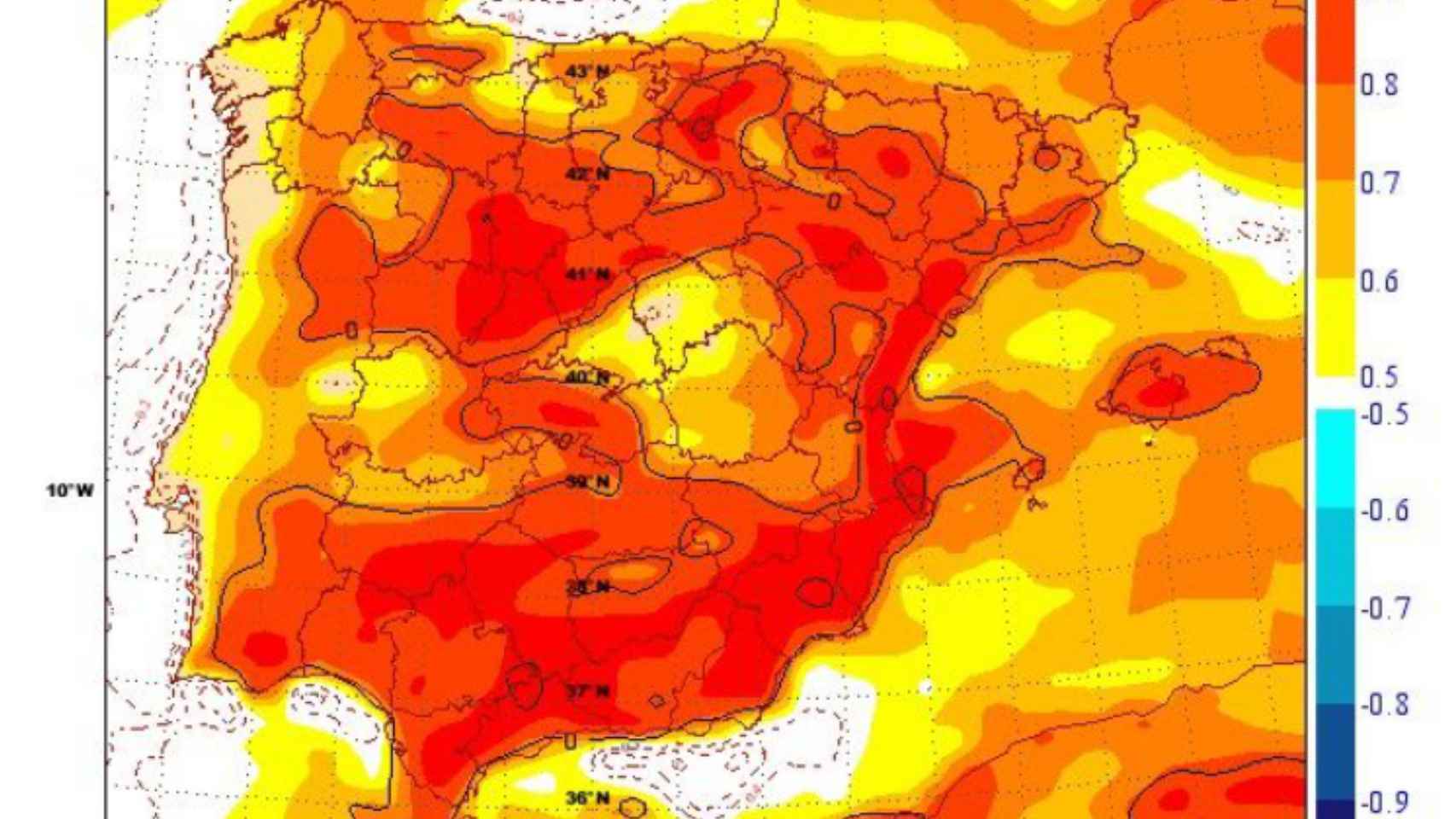 Temperaturas en España vistas por el Índice de Predicción Extrema. AEMET/Sinobas