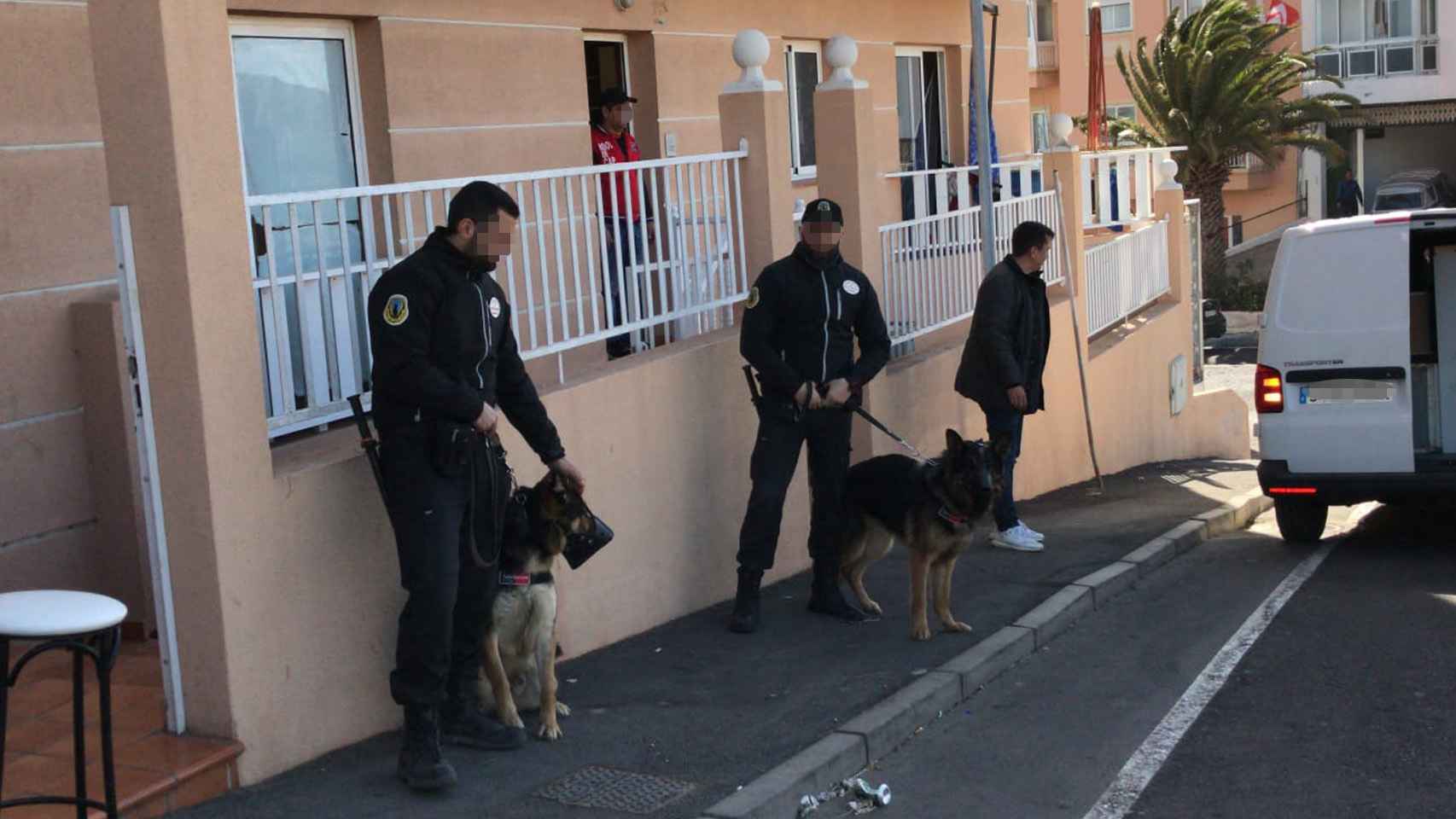 Tres vigilantes sostienen a los canes en un desalojo.