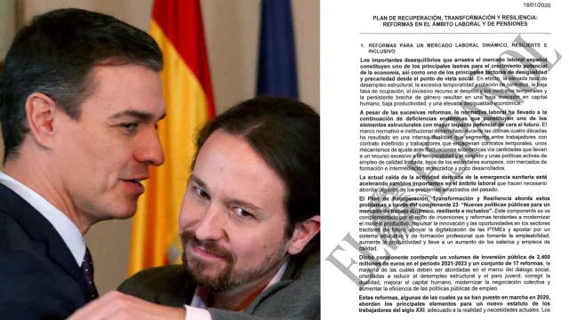 Pedro Sánchez mira de reojo a Pablo Iglesias en el abrazo con el que sellaron su acuerdo de Gobierno de coalición.