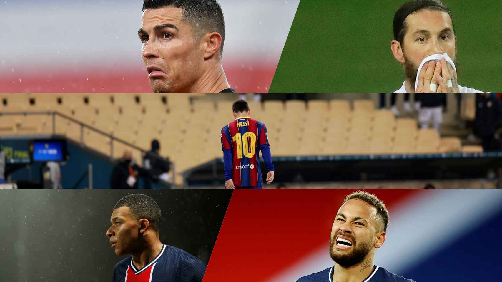 Cristiano Ronaldo, Sergio Ramos, Leo Messi, Kylian Mbappé y Neymar, en un fotomontaje