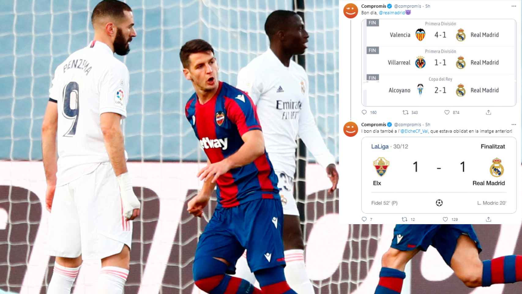 Roger Martí celebrando su gol al Real Madrid y un montaje con los tuits de Compromis