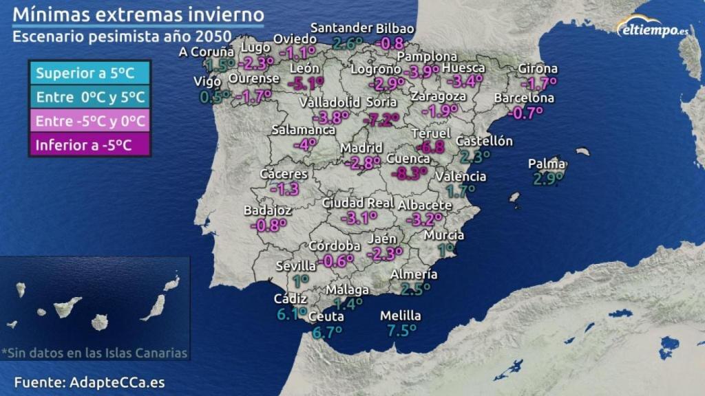 Mapa mínimas extremas invierno 2050.