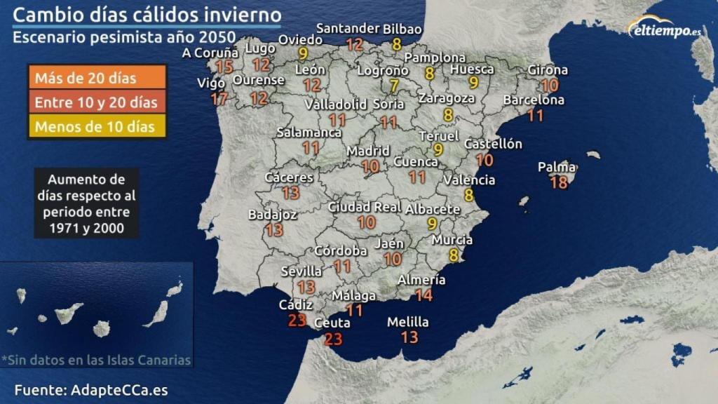 Mapa cambio días cálidos invierno 2050.