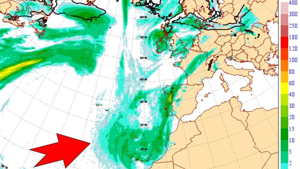 La borrasca se situará sobre Canarias y ascenderá en dirección a la Península. AEMET/SINOBAS