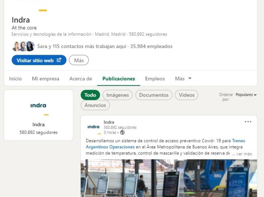 Perfil corporativo de Indra en LinkedIn