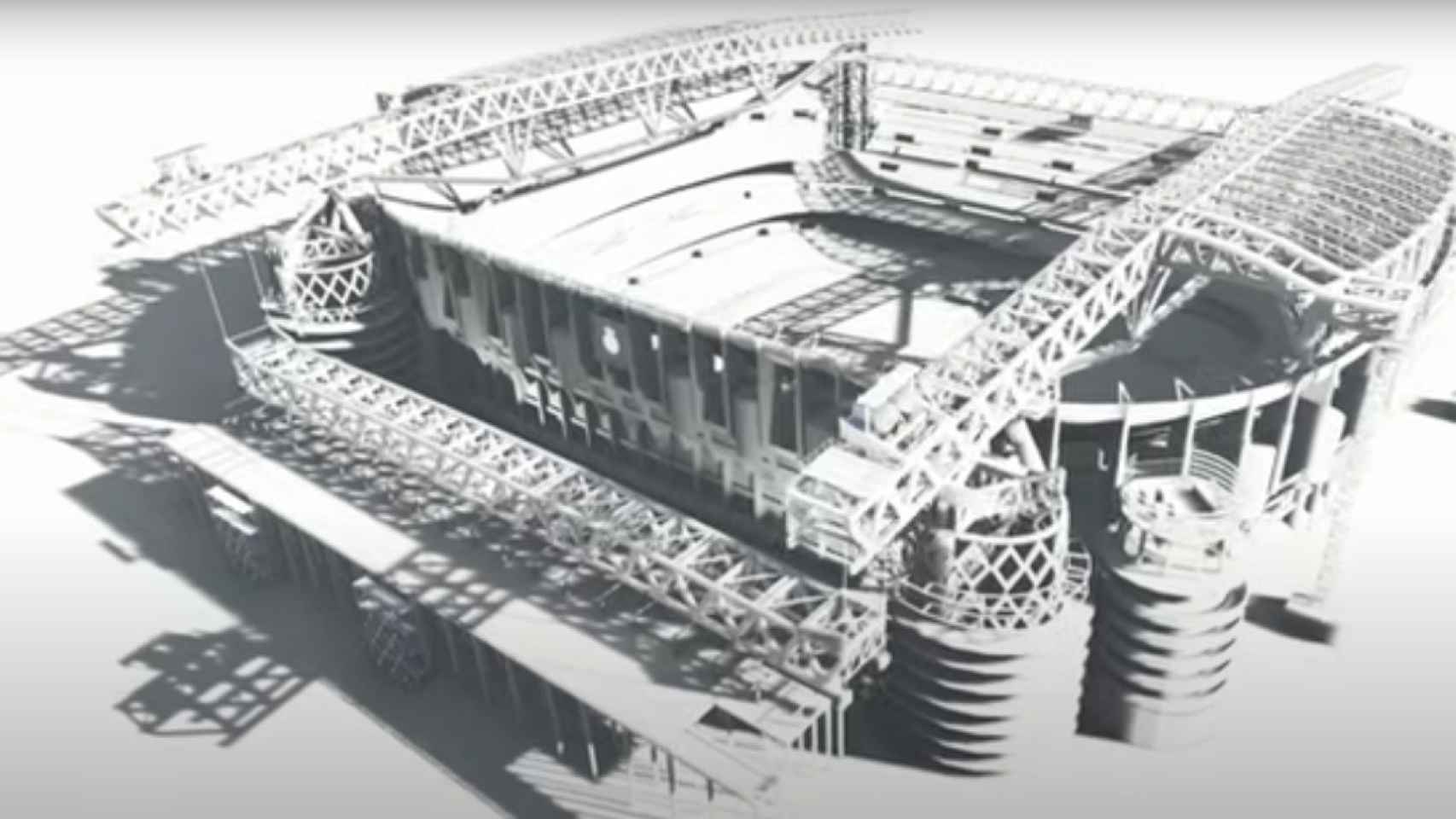 La recreación del izado de la primera cercha longitudinal norte-sur en el Estadio Santiago Bernabéu