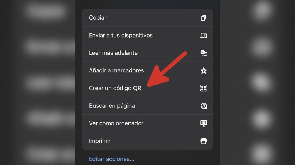 Opción para crear un código QR de una página en Chrome para iOS