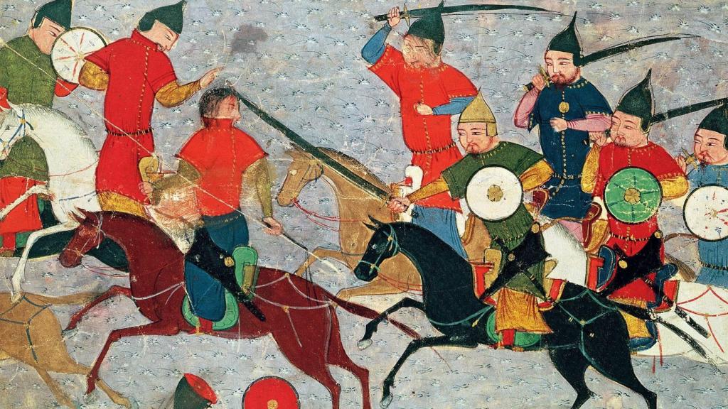 Gengis Kan y sus guerreros durante un combate contra un ejército chino.