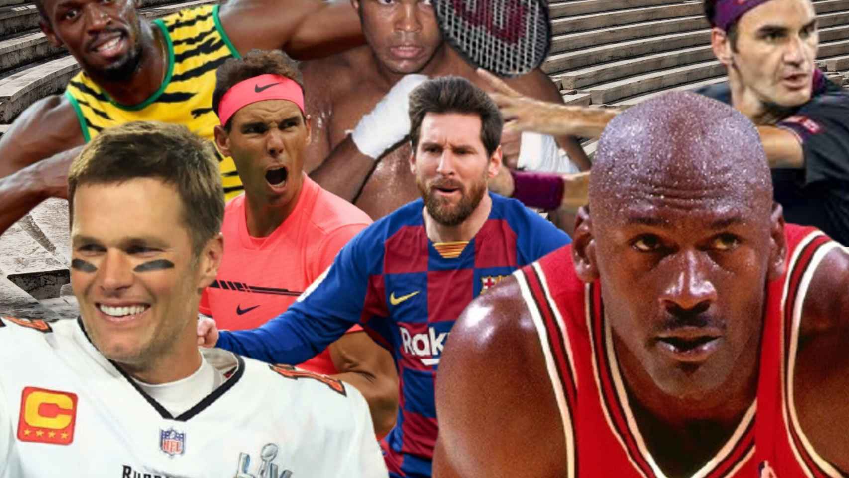 Tom Brady, Rafa Nadal, Usain Bolt, Leo Messi, Muhamad Ali, Roger Federer y Michael Jordan