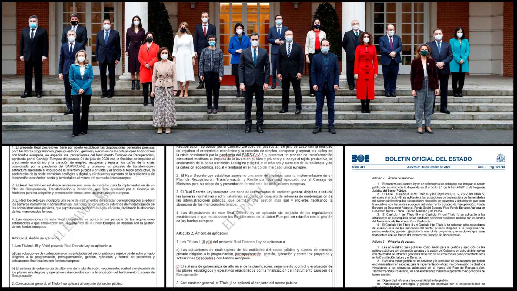 El Gobierno al completo, en las escalinatas de Moncloa. Debajo, el art.2 de los dos borradores y el del decreto final.
