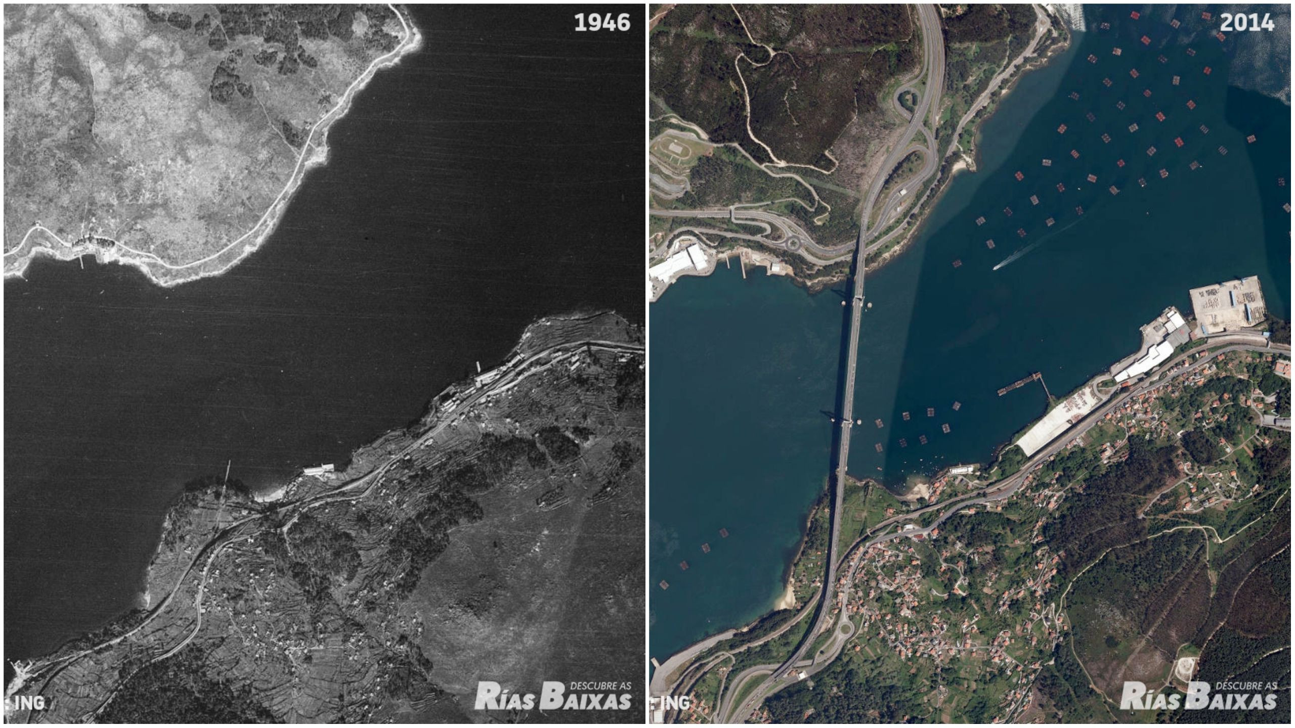 El estrecho de Rande, antes y después de la construcción del puente. Fotos: Descubre as Rías Baixas