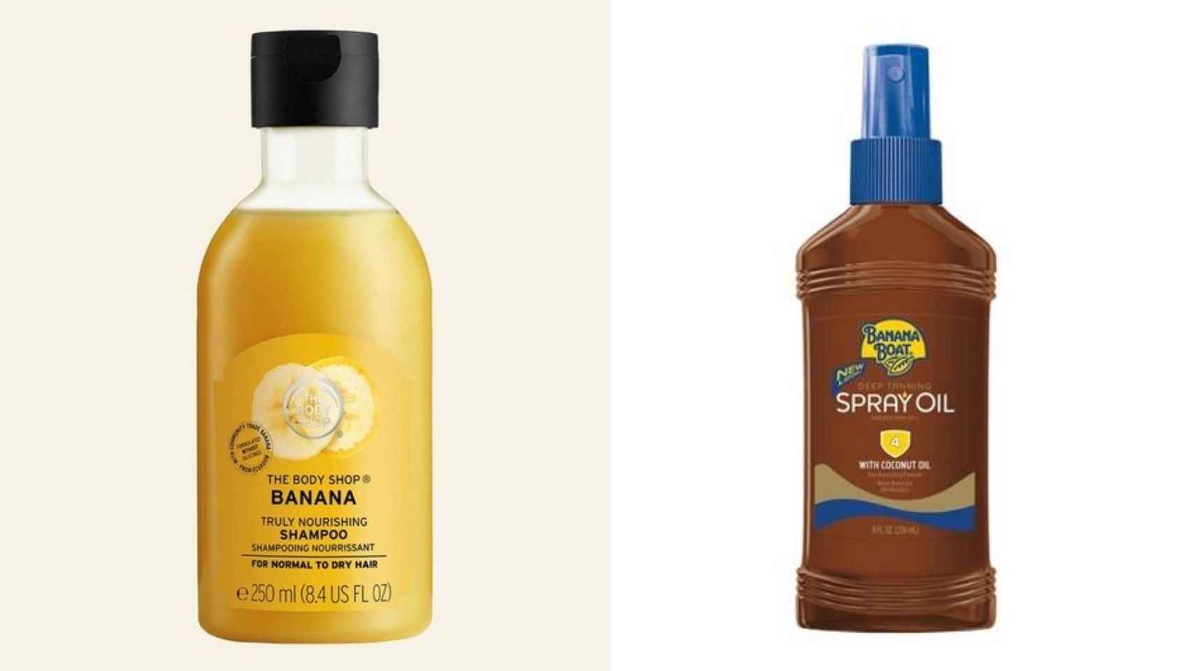A la izquierda el champú de banana de la firma The Body Shop y, a la derecha, el bronceador de Banana Boat.