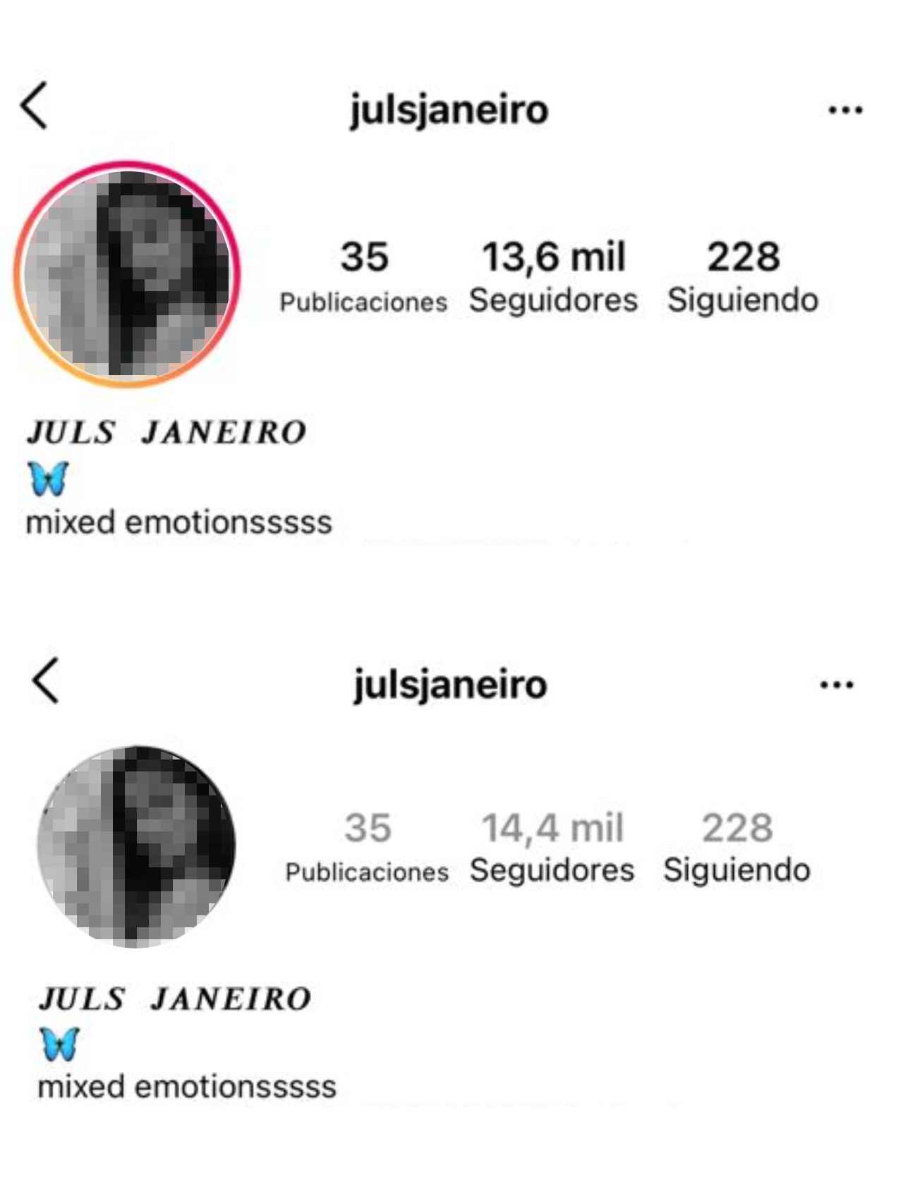 Arriba, el perfil público de Julia Janeiro. Abajo, su cuenta de Instagram privada.