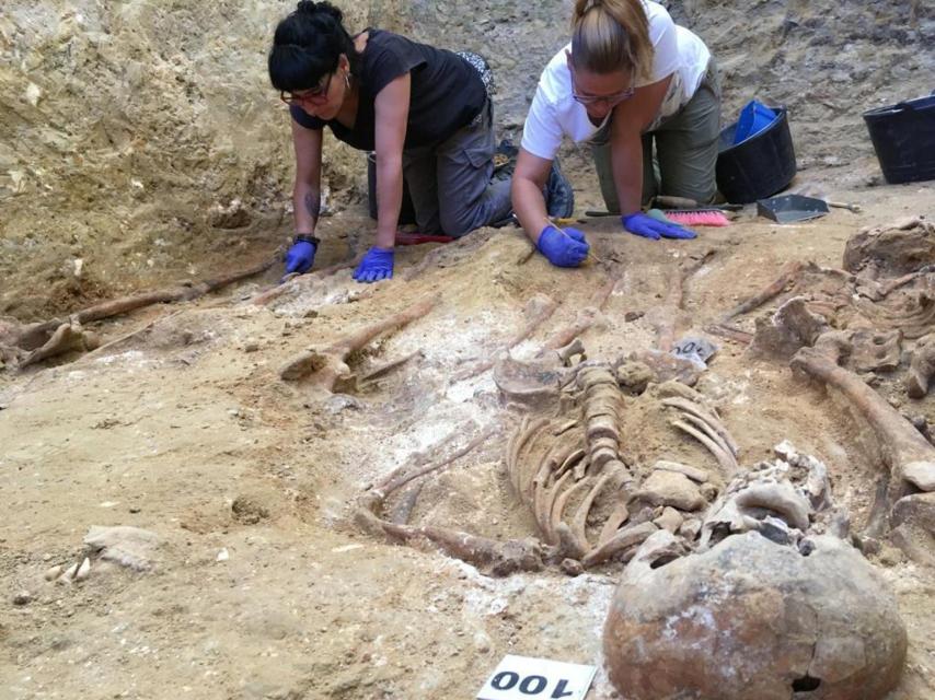 El cadáver de un represaliado republicano con un disparo en la cabeza dentro de una de las fosas donde exhuman cuerpos los miembros de la Asociación por la Recuperación de la Memoria Democrática, Social y Política de San Fernando.