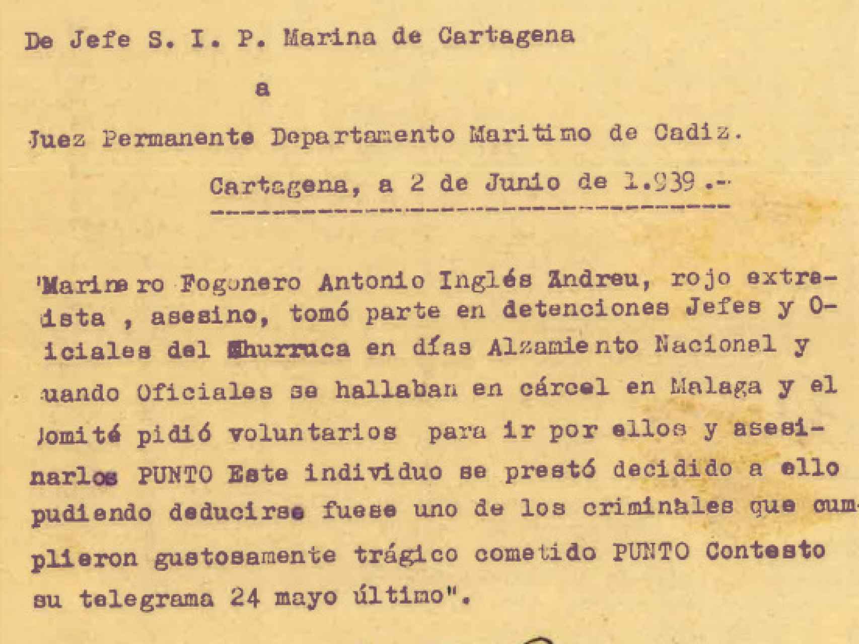 El telegrama del Departamento de Marina que condenó a muerte a Antonio.