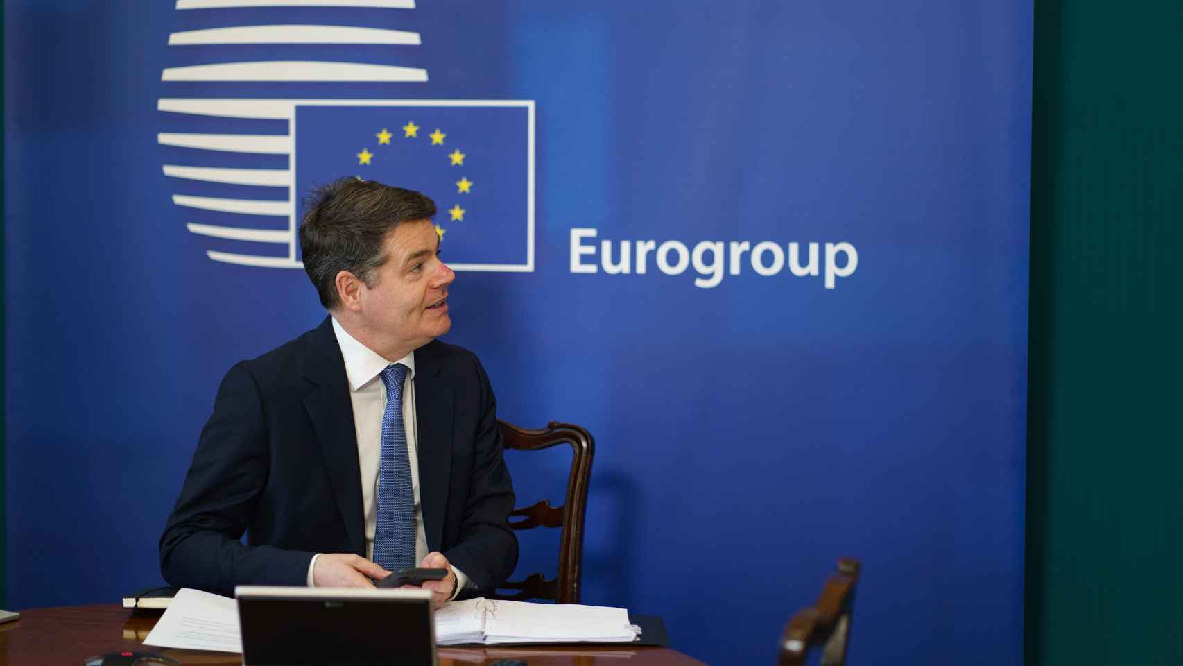 El presidente del Eurogrupo, Paschal Donohoe, durante la videoconferencia de este lunes