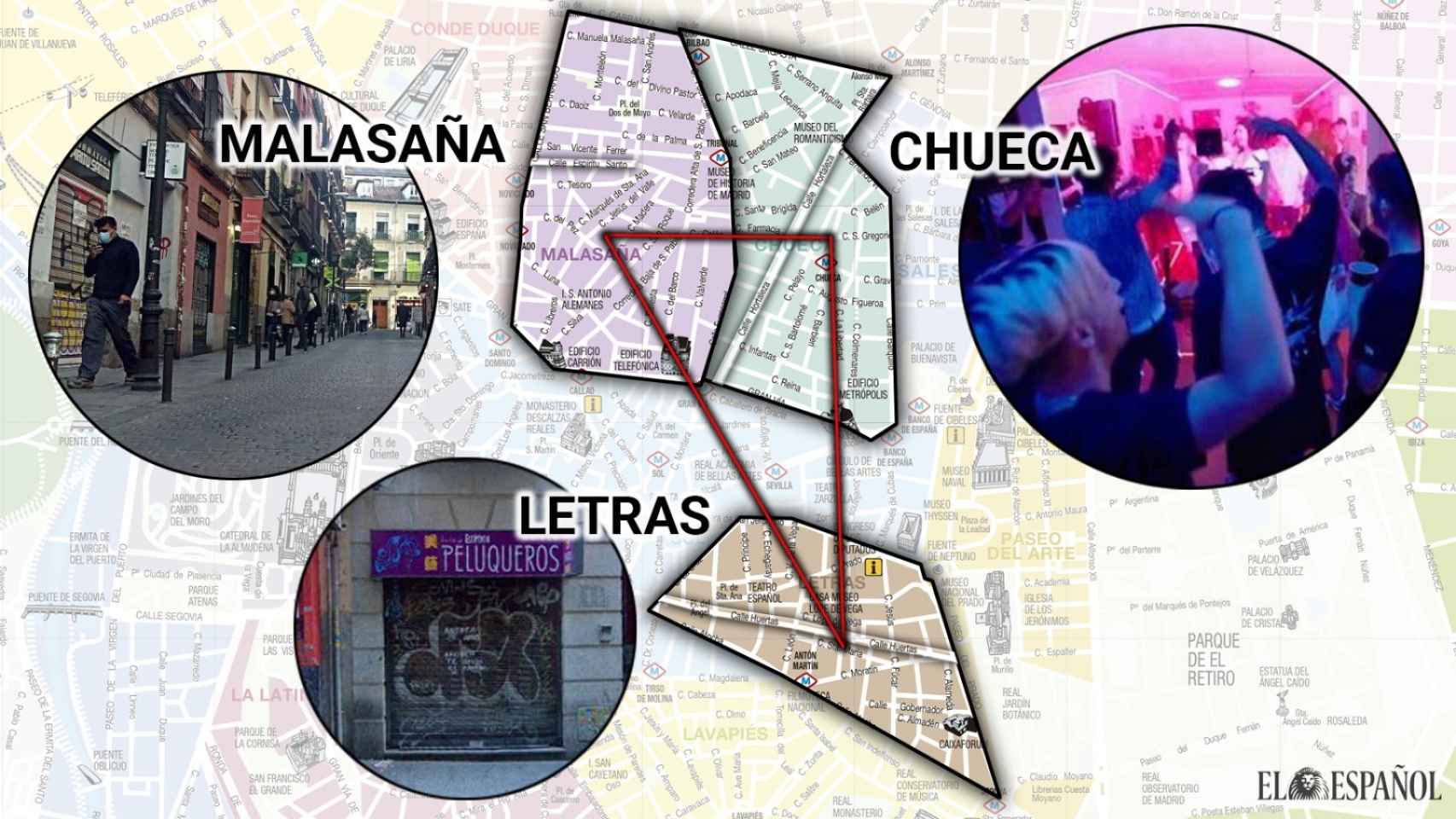 El triángulo de las fiestas ilegales en Madrid.