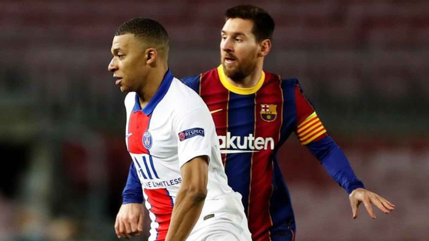 Kylian Mbappé y Leo Messi, en el Barcelona - PSG de la Champions League 2020/2021