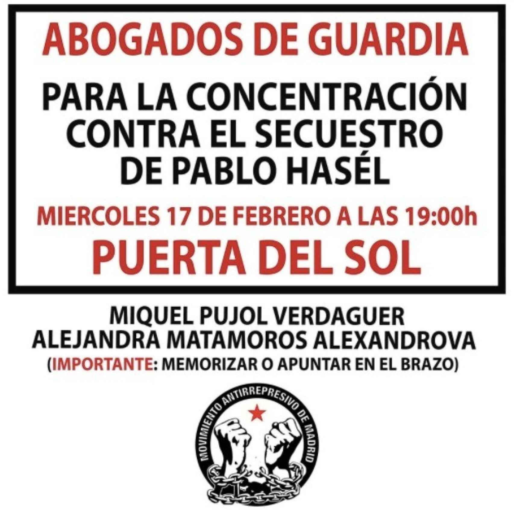 Cartel difundido por el Movimiento Antirrepresivo de Madrid en las protestas de Hasél.