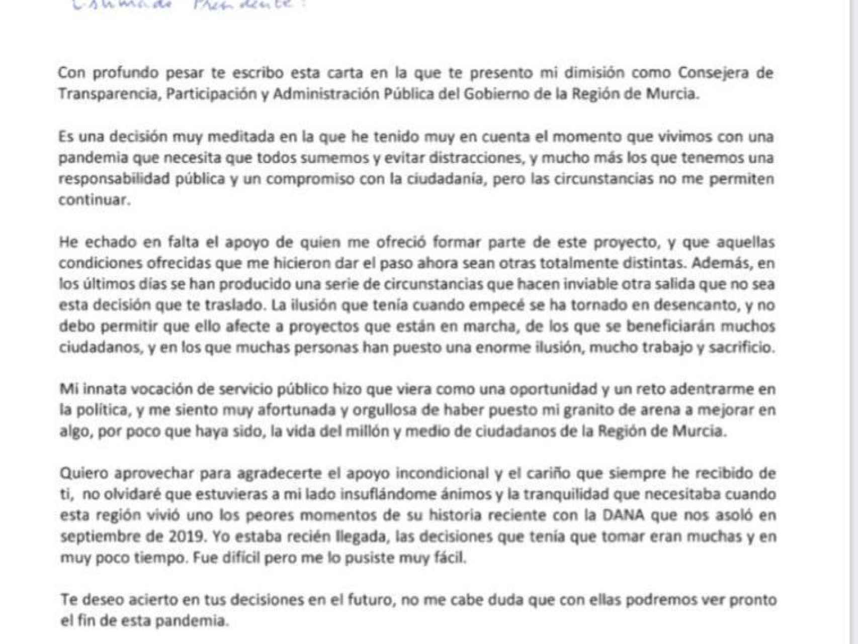 Carta de dimisión de la consejera Beatriz Ballesteros.
