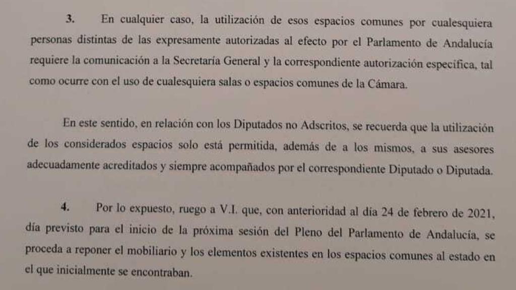 Extracto del escrito recibido por los no adscritos